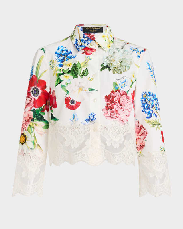 Lace-Trim Floral Crop Button-Down Shirt